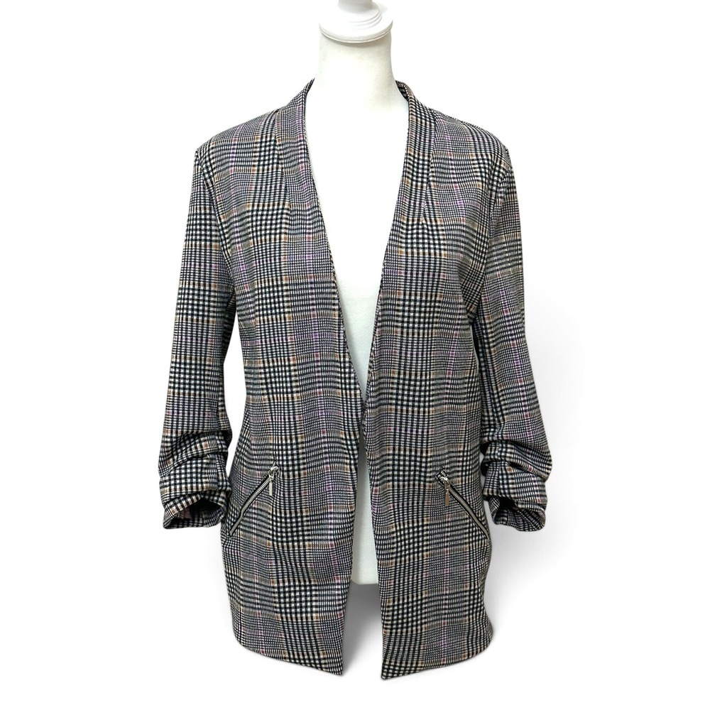Maurices Plaid Open Front Blazer Women Medium Gray Ruched Sleeve Career Jacket